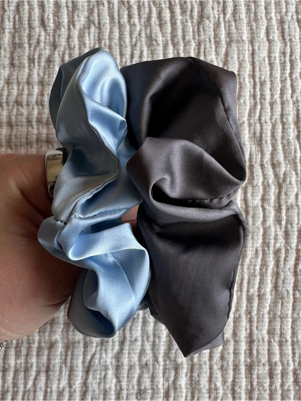 Women's Hair Scrunchies Satin Light Blue Charcoal Gray Set of 2